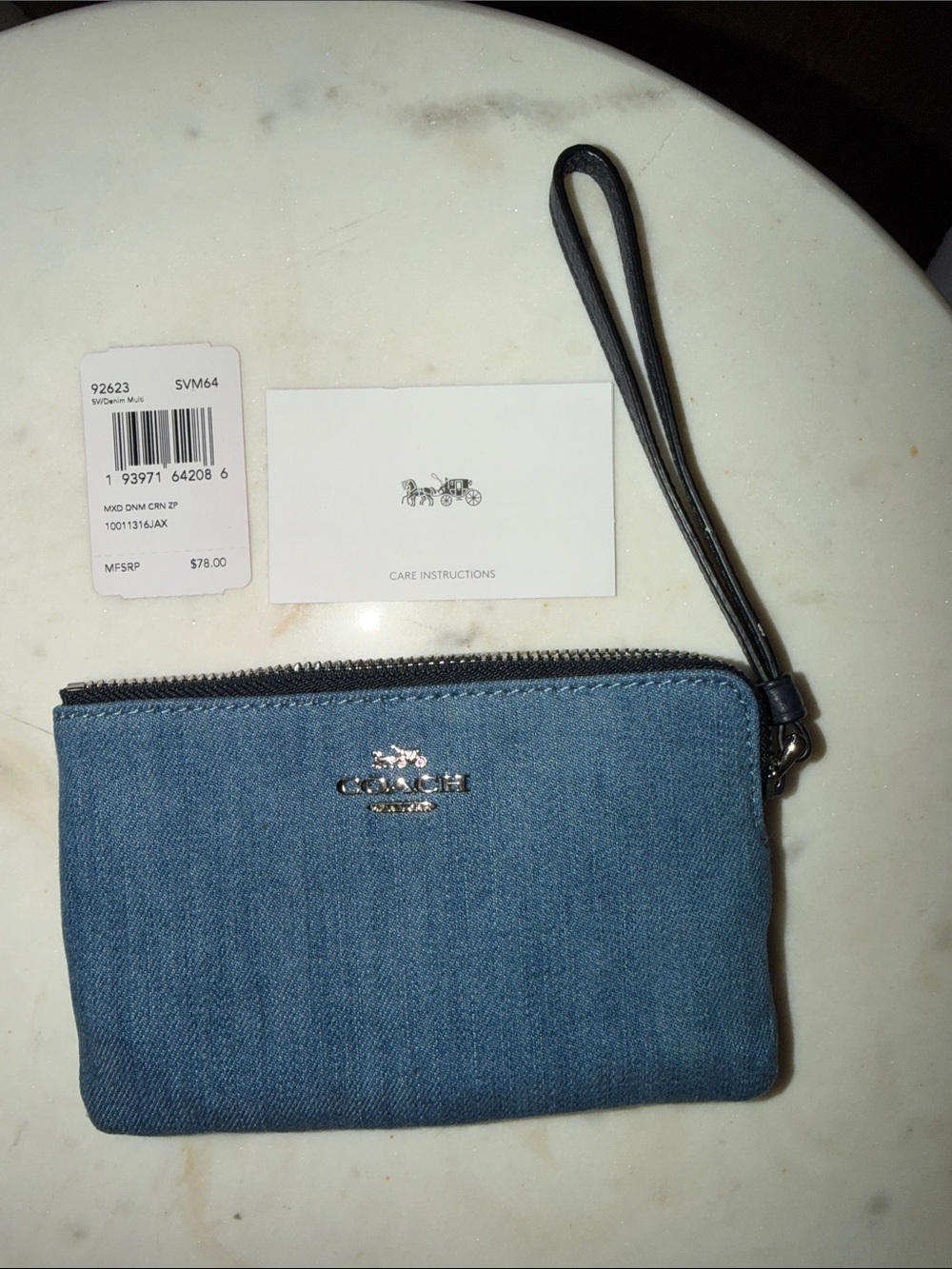 Coach Denim Zip Wristlet in Blue with Black Strap